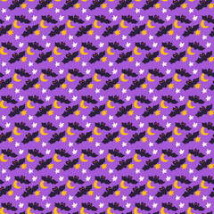 Night Star Moon Bat Seamless Pattern. Vector Illustration of Hand Drawn Doodle 31 October Holiday. Greeting Background.