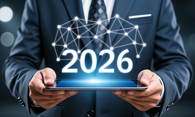 Businessman holds tablet displaying '2026' with digital network, symbolizing future business and technology.