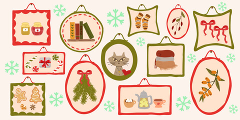 Warm Winter Hygge illustration with Cozy frames featuring cat, books, tea, socks, cookies, and Christmas decor. Perfect for seasonal design, greeting cards, or festive digital backgrounds.