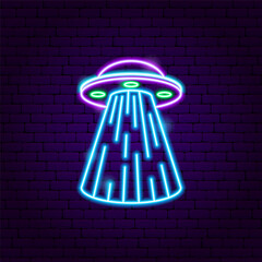 Neon UFO Spaceship Sign. Vector Glowing Art Illustration of Trendy Pop Shape. Popular Led Lamp Object. Brick Wall Dark Background.