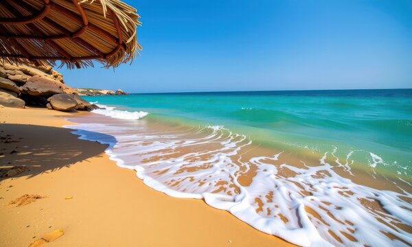 Golden sand meets turquoise waters at this pristine Sicilian beach. Gentle waves lap the shore, creating a tranquil atmosphere perfect for relaxation. Sun-dre, summer, landscape