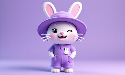 Adorable 3D Cartoon Bunny Character Winking Happily in Purple Overalls and Hat on a Violet Background