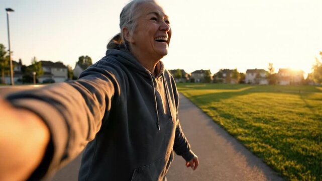 Joy in Motion: Active Senior Woman's POV Skateboard Ride