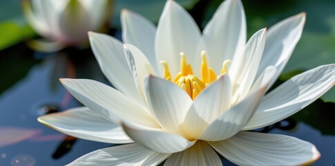 Fototapeta premium Close-up of a pristine white lotus flower, petals unfurling gracefully on a calm water surface, delicate stamens visible in the center, fresh, water lily, flora
