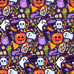 Sketch Halloween Seamless Pattern. Vector Illustration of Hand Drawn Doodle 31 October Holiday Background. Trick or Treat. Pumpkin Skull.
