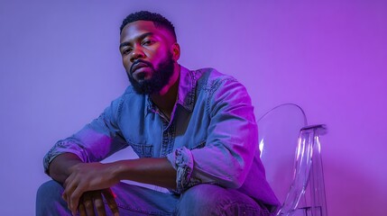 Black man with well-groomed beard, light denim shirt, sitting alone on a transparent acrylic chair,