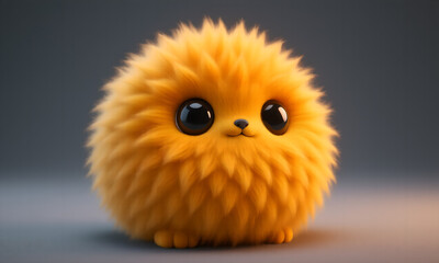 Adorable Fluffy Orange Creature with Big Innocent Eyes on a Simple Grey Background