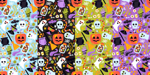Halloween Sketch Seamless Patterns Set. Vector Illustration of Hand Drawn Doodle 31 October Holiday Background. Trick or Treat. Pumpkin Witch Skull.