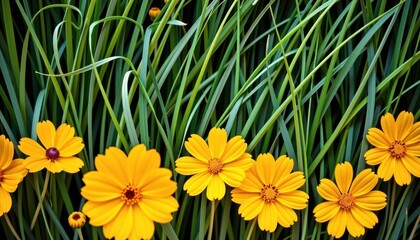 Fototapeta premium Vibrant yellow cosmos flowers arranged with green grass in a flat lay composition. Perfect for summer or autumn themes, photography, still life, plant