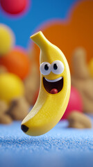 Happy 3D Cartoon Banana with Big Eyes, Big Smile and a Red Tongue on a Blue Surface with a Colourful Blurred Background. Cute Fruit Symbol of Healthy Lifestyle and Organic Food. Copy space, 9:16 