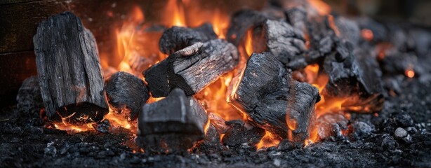Fototapeta premium The Charcoal Embers Glowing on Hot Coals for Barbecue and Warmth