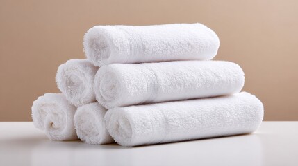 Three neatly rolled white towels are arranged on a smooth surface inviting calm and comfort.