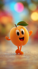 Happy 3D Cartoon Apricot with Big Eyes, Big Smile, Arms and a Red Tongue in front of a Colourful Blurred Background. Cute Fruit Symbol of Healthy Lifestyle and Organic Food. Copy space, 9:16 