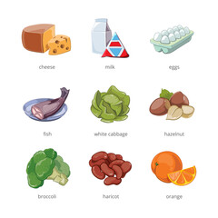 Collection of various food items depicting a healthy diet and nutrition on a white background