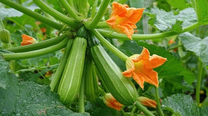 Obraz premium A bunch of green and orange squash plants. The squash are growing on a plant