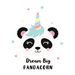Kawaii pandacorn face with rainbow unicorn horn and “Dream Big” text