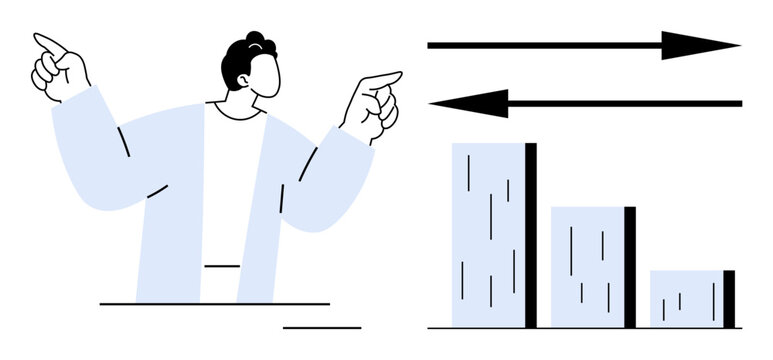 Person gesturing to emphasize contrasting strategies with arrows and bar chart. Ideal for business, planning, strategy, data, growth, decision-making, and teamwork. Clean flat metaphor