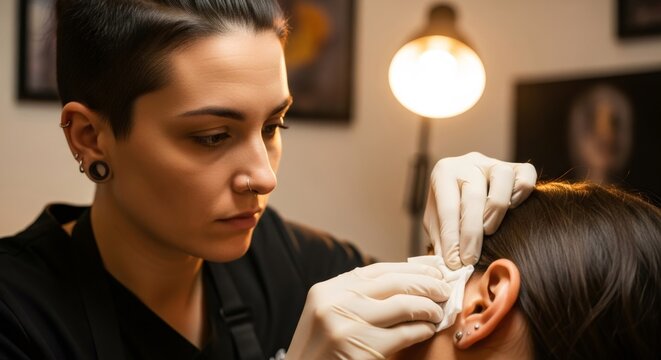 Woman piercer in sterile gloves cleaning the ear of another woman preparing for a new piercing. Body modification and ear project concept.