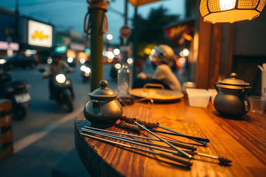 Generative AI street food preparation scene detailed vision. - Powered by Adobe