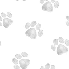 Seamless watercolor pattern with soft gray paw prints in a delicate and minimal style. Great for textile prints, wrapping paper, stationery, and pet themed crafts.