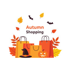 Illustration of autumn shopping bags with fall leaves, a witch's hat, and a Halloween pumpkin, celebrating seasonal sales.