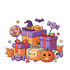 Halloween gifts with candies, pumpkin, hat and bat cartoon illustration.
