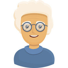 Cartoon Portrait Of A Smiling Elderly Woman With White Curly Hair Wearing Glasses And A Blue Sweater Isolated On Transparent Background