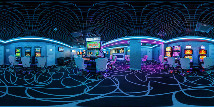 hdri 360 panorama in interior of elite luxury casino with rows of gambling slots machine in red violet neon light in seamless equirectangular spherical projection