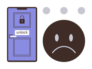 Fototapeta premium Door with lock and unlock sign beside sad face, representing limitation, restriction, frustration, security issue. Ideal for access control, user error, cyber safety, data privacy system
