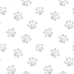 Seamless watercolor pattern with soft gray paw prints in delicate neutral tones. Ideal for fabric printing, pet packaging, wrapping paper, and creative animal themed home projects.