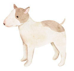 Hand painted watercolor Bull Terrier in gentle beige tones. Ideal for pet prints, cards, textile designs, and creative projects for dog lovers and handmade art collections.