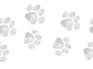 Watercolor seamless border with soft gray paw prints in gentle style. Minimal and elegant design for pet fabrics, vet clinics, wrapping paper, or creative dog themed crafts. © Evgeniia