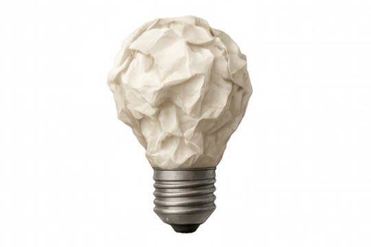 Crumpled paper light bulb symbolizing a developing idea, innovation, and creative problem-solving on transparent background