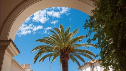 Fototapeta premium Beneath a large arch a tall palm tree stands against a bright blue sky filled with fluffy clouds creating a serene atmosphere.