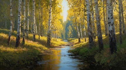 Fototapeta premium Tall birch trees with golden leaves stretch along a quiet stream reflecting the blue sky.