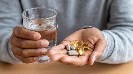 A person holding a glass of water in one hand and dietary supplements in the other, emphasizing health and wellness practices. Perfect for health-related content.
