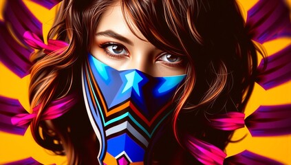 Vibrant woman with geometric mask.