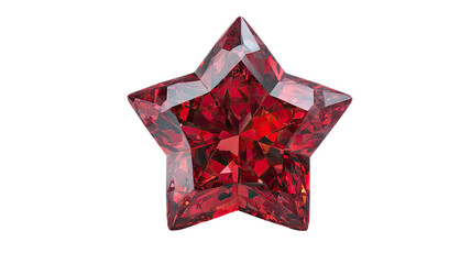 A brilliant, deep red gemstone, faceted into a five-pointed star shape, showcases intense brilliance and intricate facets