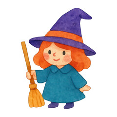PNG Cute witch with broom illustration.