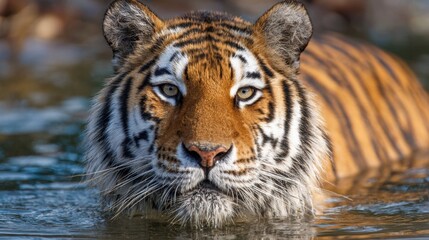 A powerful tiger emerges from the shallows droplets glistening in the sunlight as it surveys its surroundings.