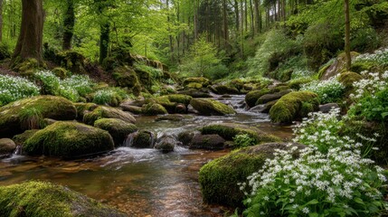 Obraz premium A gentle stream meanders through a vibrant forest surrounded by lush greenery and blooming flowers.