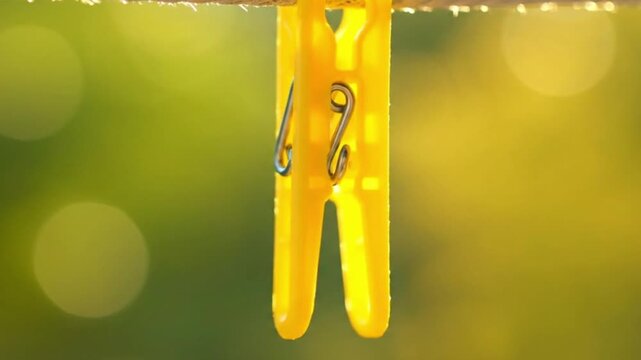 A vibrant yellow plastic clothespin, adorned with delicate water droplets, hangs from a line in a serene outdoor setting. The close-up shot highlights the small details, with the metallic spring mecha