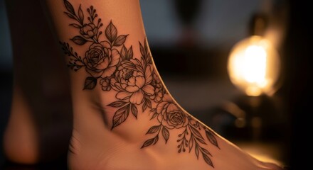 Woman with delicate black outline flower tattoo on ankle. Body art design featuring roses and peonies for beauty and self expression.