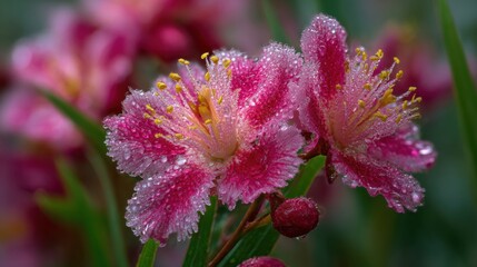 Obraz premium Morning dew beads on stunning pink flowers bringing beauty to a lush garden scene at dawn.