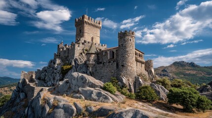 Stone castle towers above rugged landscape showcasing its ancient architecture and rich history.