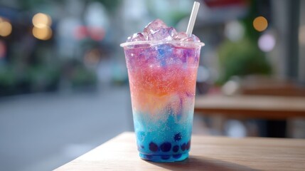 A refreshing drink with bright layers of color on a sunny day enjoyed in a bustling street area.