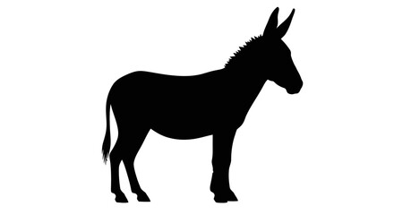 Silhouette of a donkey standing against a white background, side view.