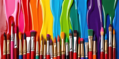 Vibrant multicolored paintbrushes arranged artfully, showcasing a spectrum of colors ready for creative expression, design, supplies, colors