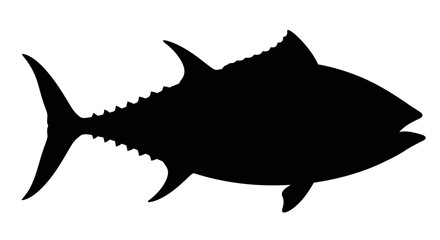 Silhouette of a tuna fish with its mouth open, swimming to the left.