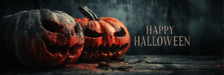 Glowing carved pumpkins sit in a dark, eerie setting with "Happy Halloween" text. The image exudes spooky fun, autumn mystery, and festive celebration.